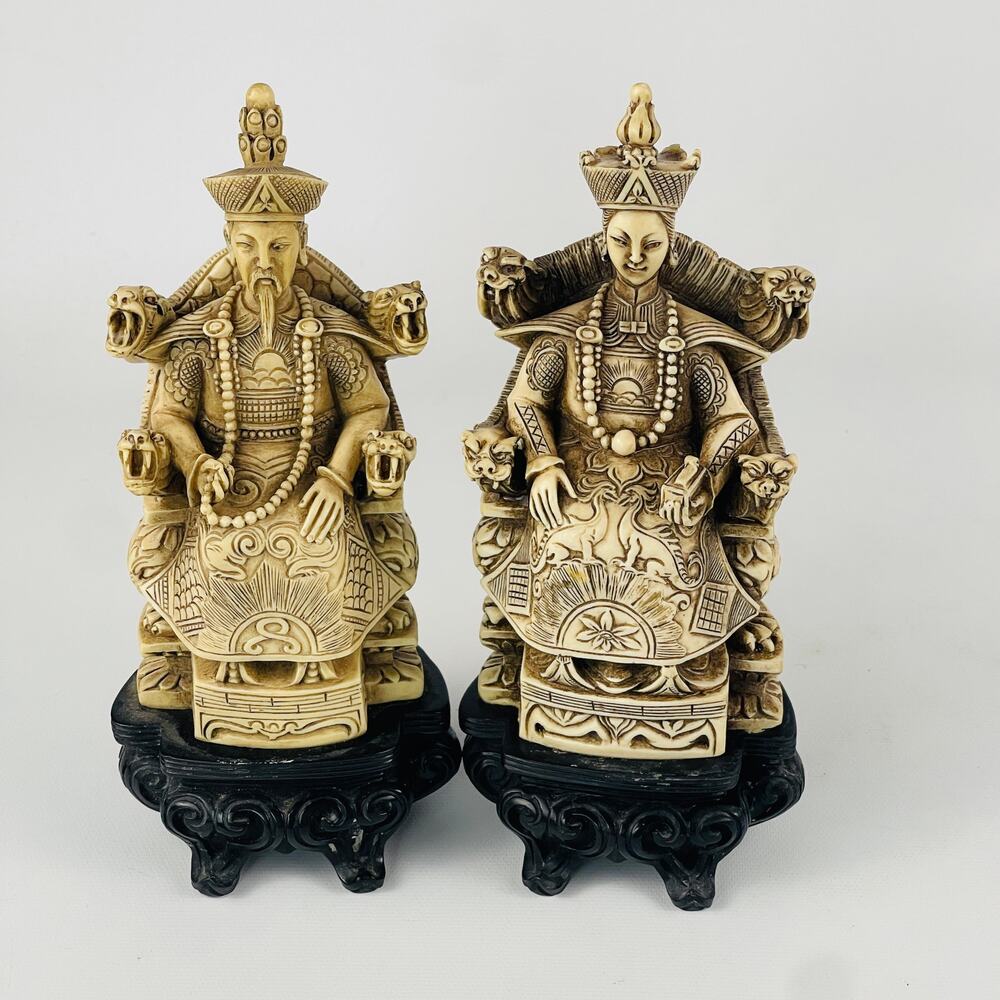 Vintage Chinese Resin Statuettes Emprorer and Empress on Dragon Thrones 7”